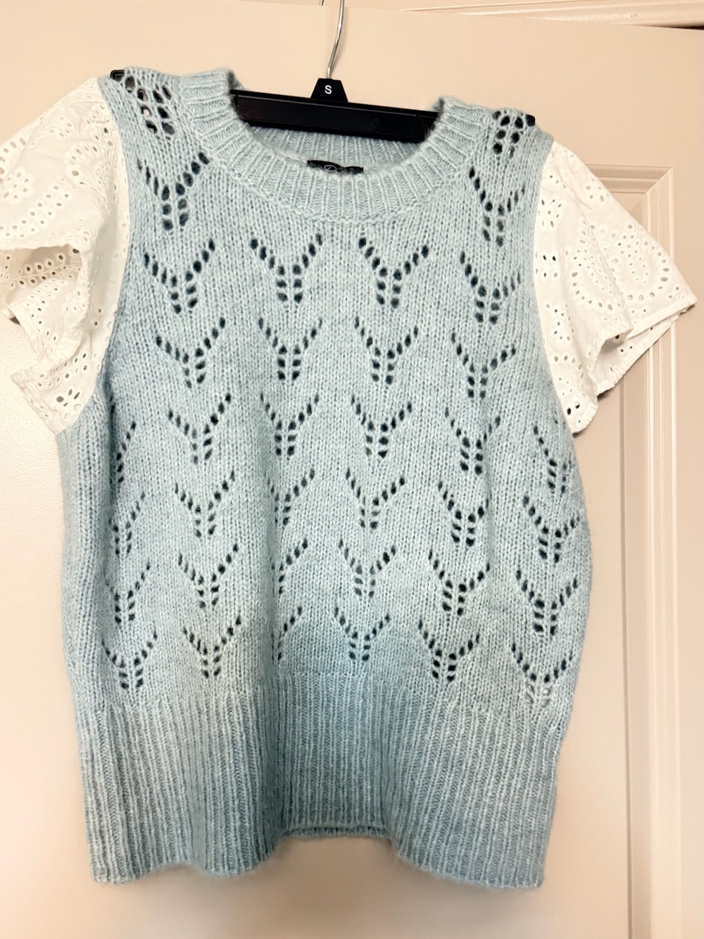 Rails Pale Blue Pointelle Sweater with White Contrast Sleeves alpaca/wool